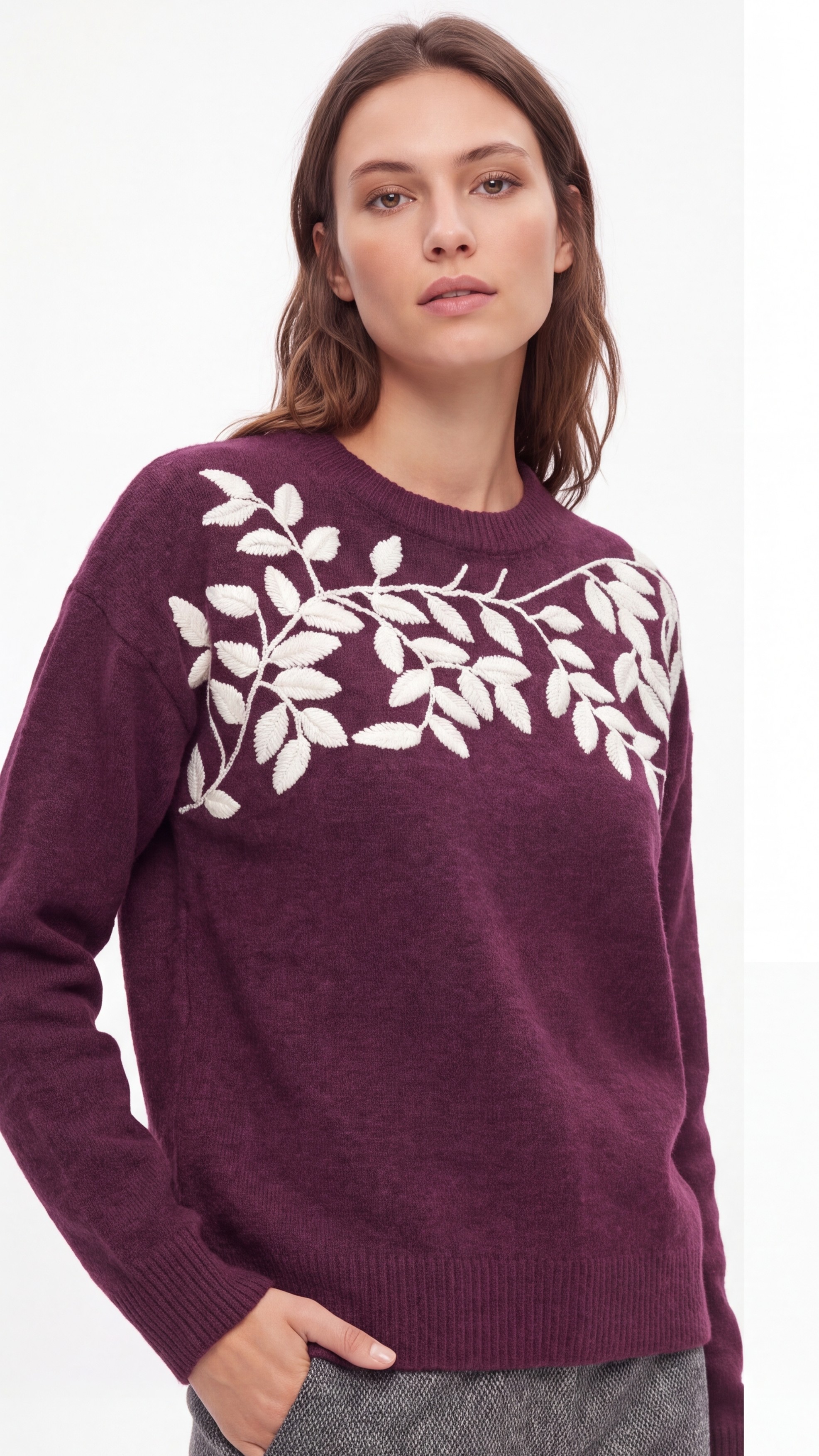 Dámsky pulóver s výšivkou a vetvičkami BURGUNDY MELANGE Bordový melír s.WEAR 6